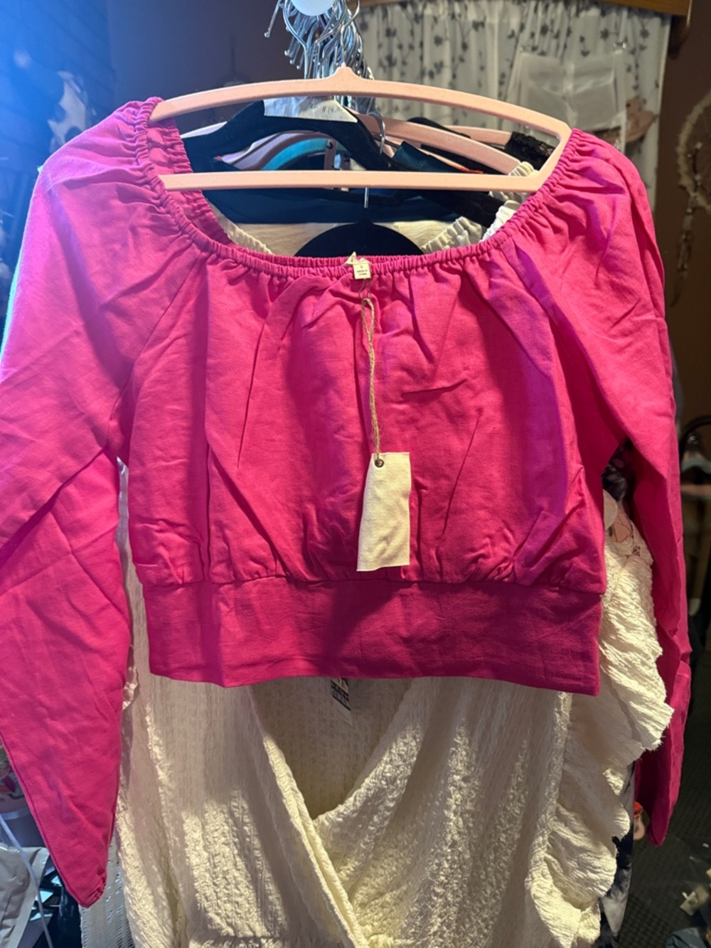Pink Off-Shoulder Long-Sleeve Crop Top - Unbranded